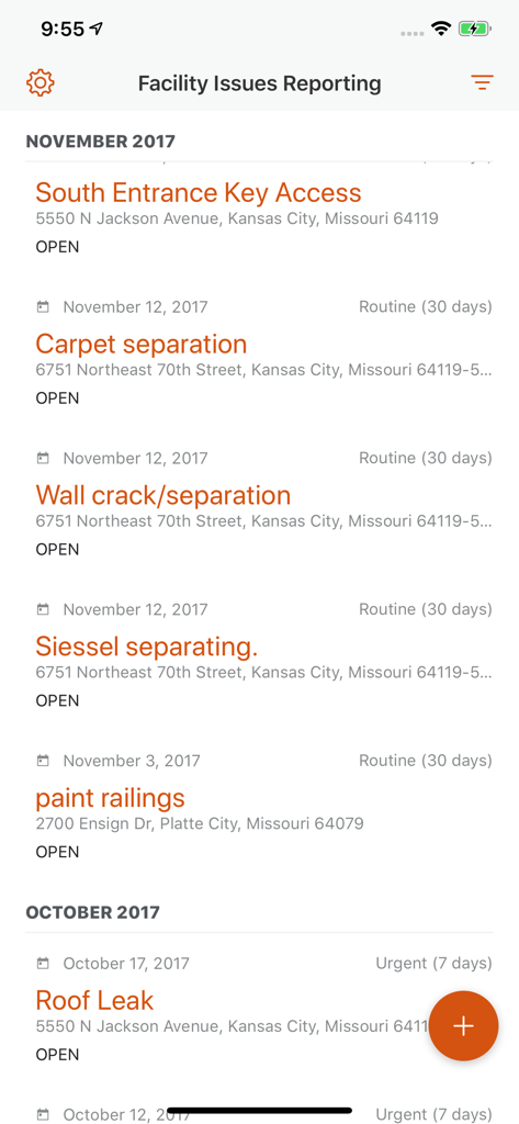 Facility Issue Reporting - List of maintenance issues in the Facility Issue Reporting app.