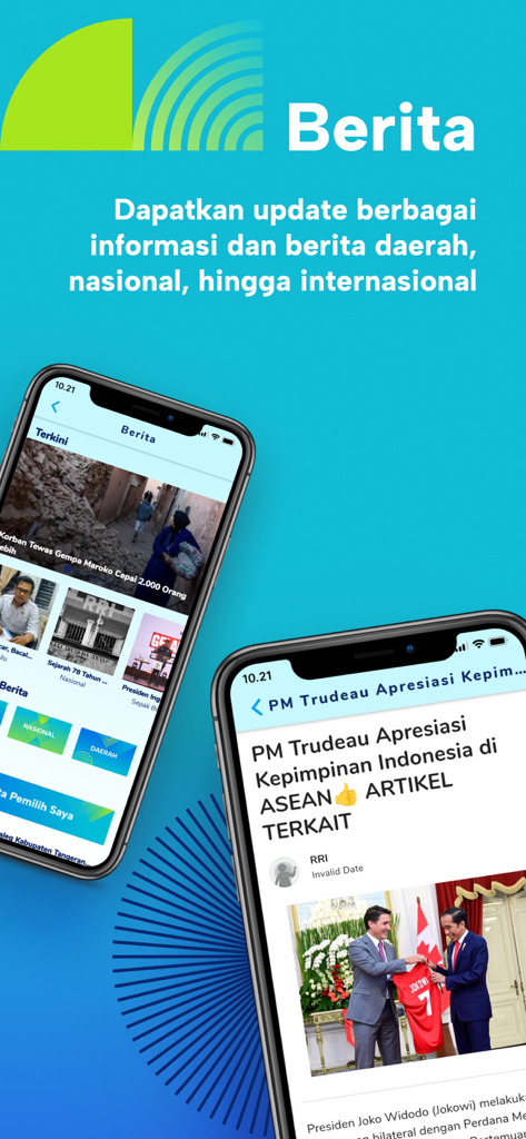 RRI Digital - Mobile screens of RRI Digital app displaying Indonesian news articles