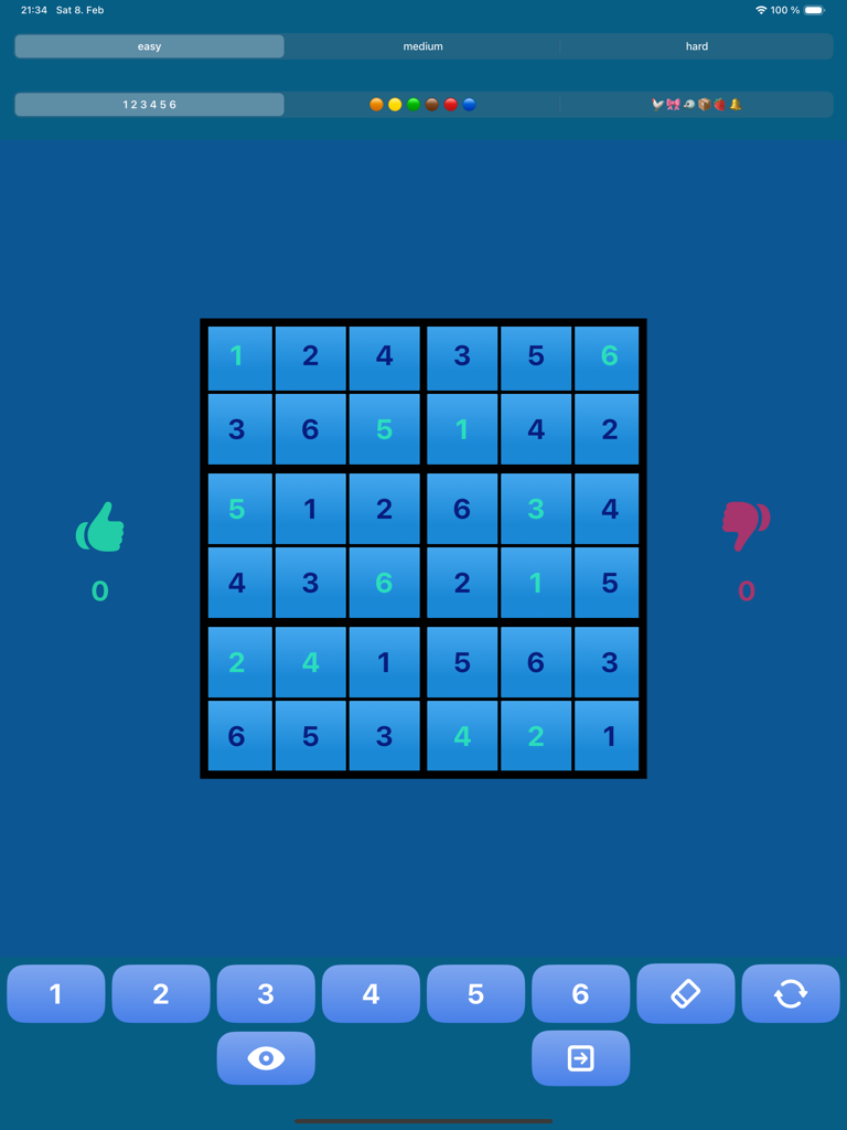 Sudoku6x6 (4Kids) - Kids sudoku 6x6 grid puzzle game with numbers and colorful interface