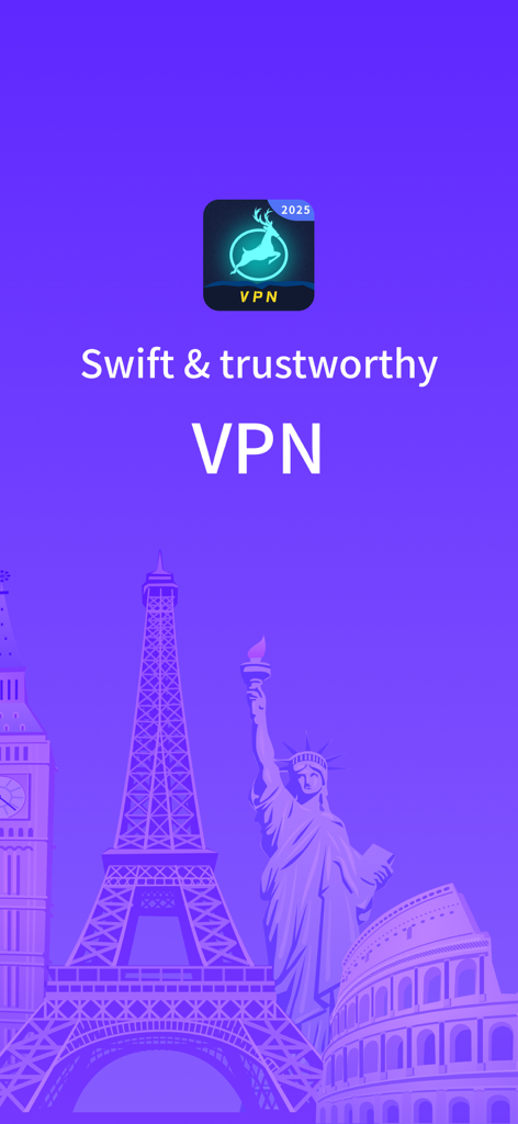 Pantalla introductoria de la aplicación Super VPN Buck con monumentos globales y el lema VPN rápida y confiable.