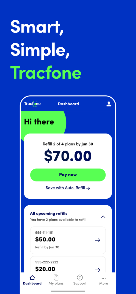 Tracfone Wireless My Account - Dashboard of the Tracfone Wireless My Account app showing refill balances and upcoming payments.