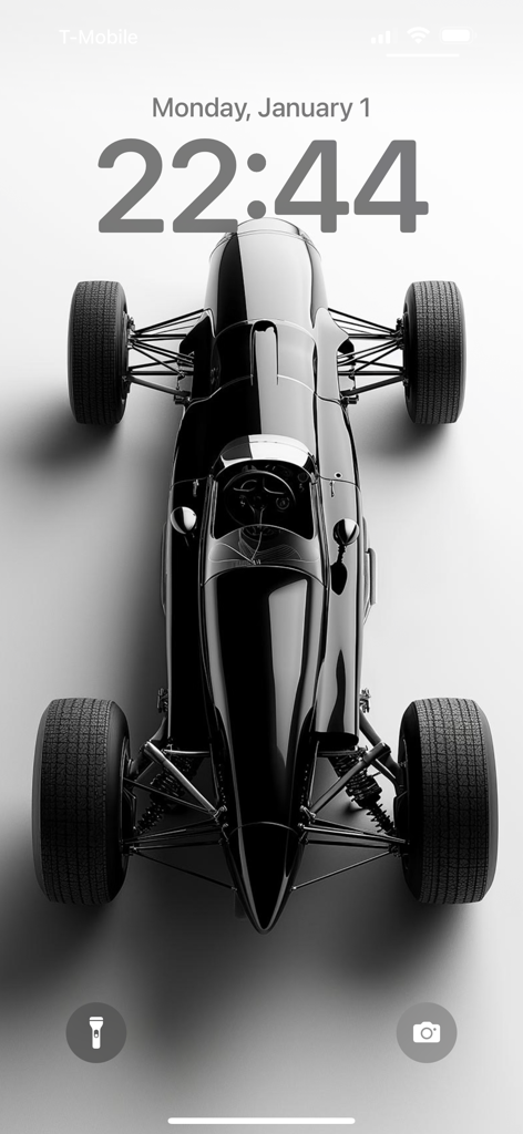 Minimalist top-down view of a black vintage racing car on a white background for an iPhone wallpaper