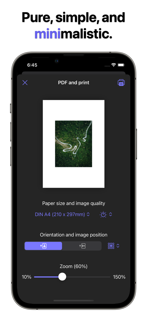 Preview mini: Image & PDF tool - Écran des paramètres PDF et d'impression dans l'application Preview mini montrant la taille du papier et les contrôles de zoom
