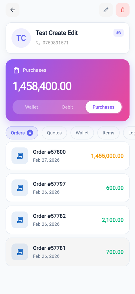 SmartBusiness Bookkeeping App - Schermata dell'app SmartBusiness Bookkeeping che mostra il riepilogo degli acquisti dei clienti e un elenco degli ordini recenti.