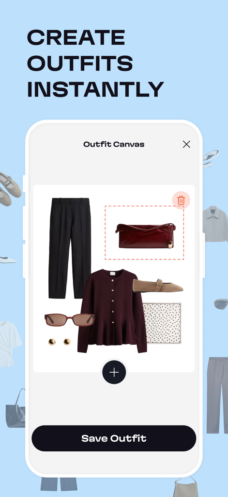 Outfit Maker & Planner: Stylix - Stylix Mobile-App, die das Outfit-Canvas-Tool zum Erstellen und Speichern eines Tageslooks mit Kleidung und Accessoires zeigt
