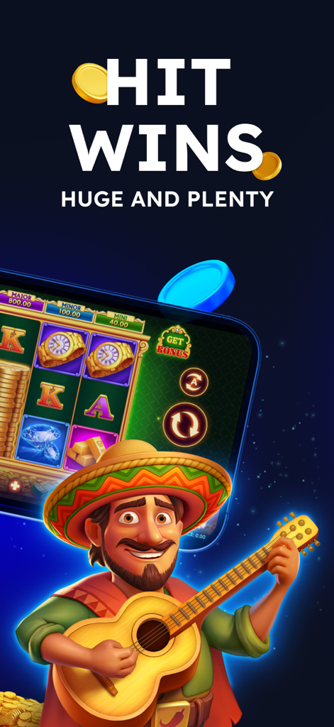 A smiling man in a sombrero playing a guitar in front of a mobile slot game with the text Hit Wins Huge and Plenty.
