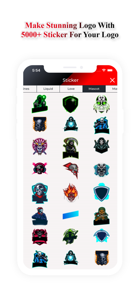 Logo Esport Maker For Gaming - Esport logo maker app interface showing a gallery of gaming mascot stickers