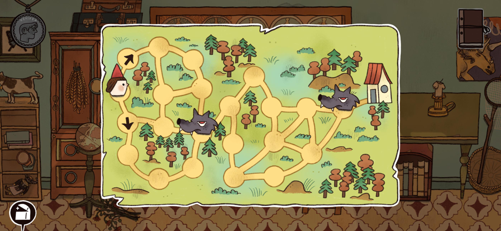 Reviver: Butterfly - Handgezeichnetes Kartenrätsel mit einer Figur, die einen Pfad an Wölfen vorbei navigiert