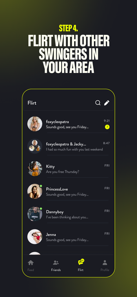 Messaging interface in the Pineapple Lifestyle app showing active chat threads with other swingers.