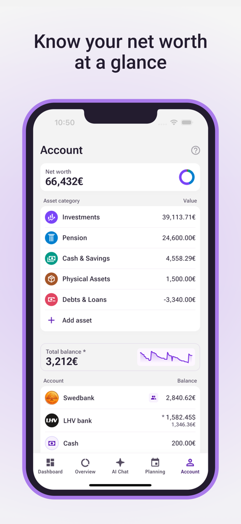 Bilance app interface showing a net worth overview with asset categories like investments, pension, and cash