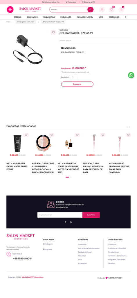 Salon Market - Produktseite der Salon Market App mit einem Babyliss-Ladegerät und verwandten Wet N Wild-Make-up-Produkten.