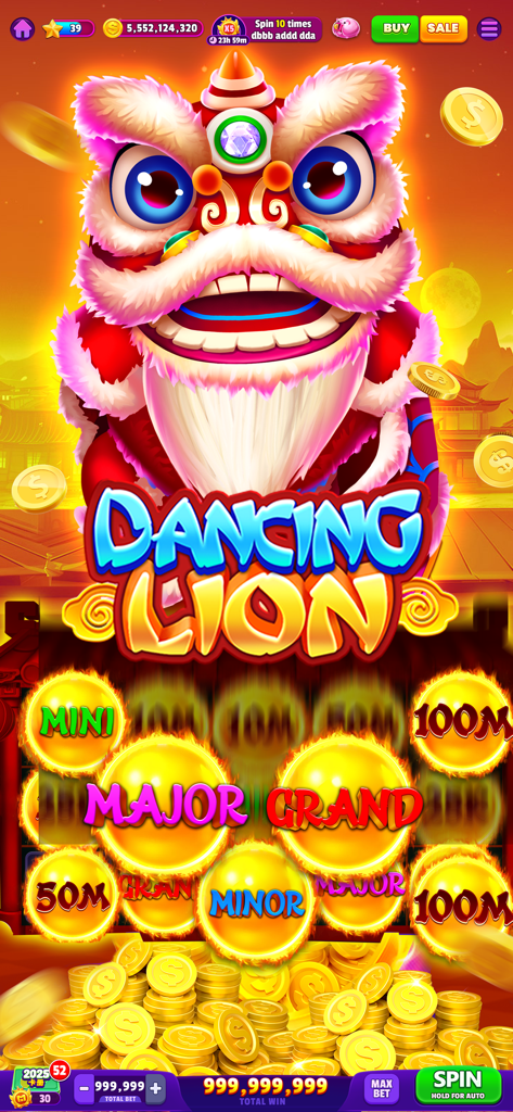 Colorful Dancing Lion slot machine gameplay with jackpot multipliers and gold coins