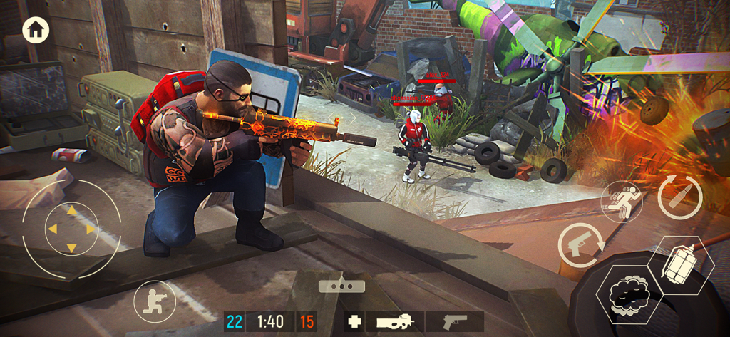 Top down isometric gameplay of Tacticool showing a soldier with a customized rifle in an urban combat zone