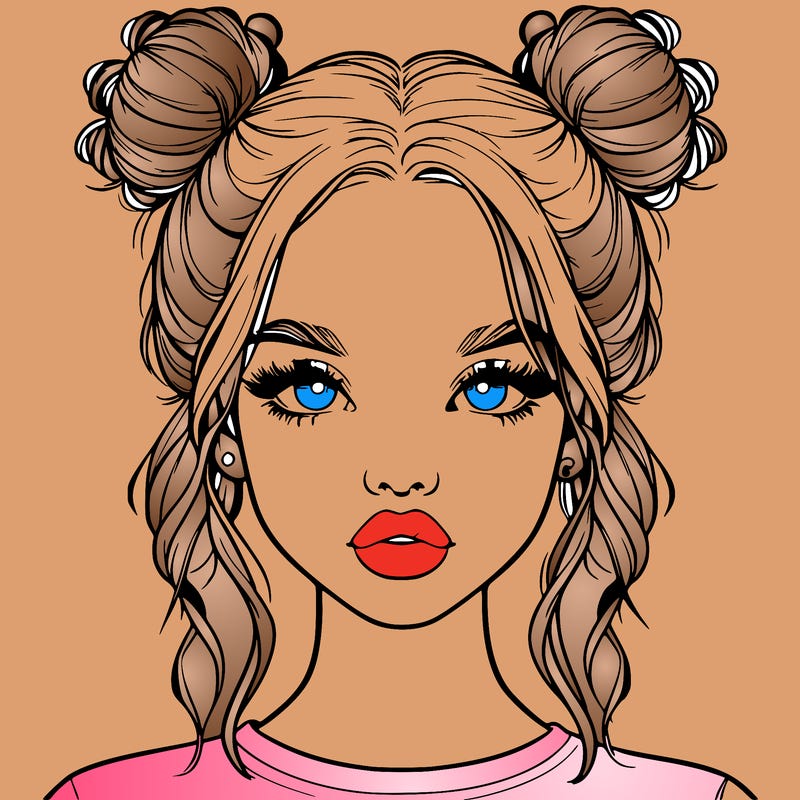 realistic girl with two buns in hair and lips