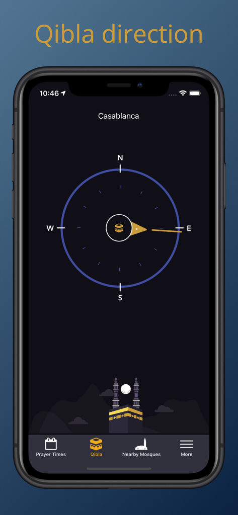 Salaat First - الصلاة أولا - Benutzeroberfläche der Salaat-First-App mit dem Qibla-Richtungskompass auf einem Mobiltelefon