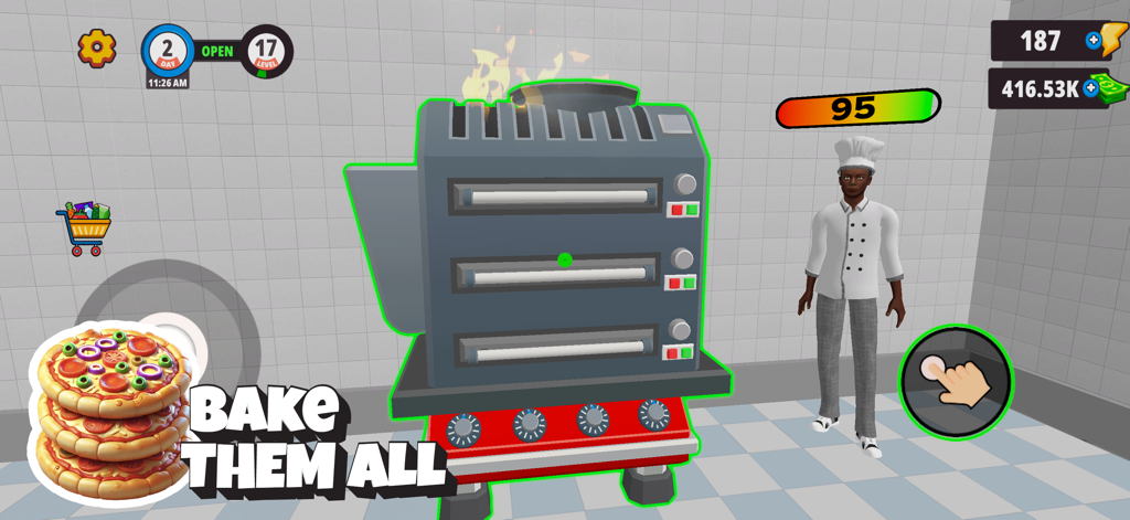 Pizza Store Simulator - キッチンのシミュレーションゲームで、プロのピザオーブンの隣に立っているシェフのキャラクター。