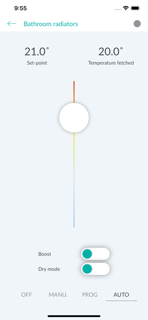 Cozytouch - Interface of the Cozytouch app displaying bathroom radiator settings with a temperature slider and boost mode enabled.