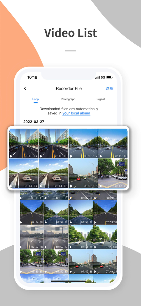 Wolfbox app interface displaying a grid of recorded dash cam videos with timestamps