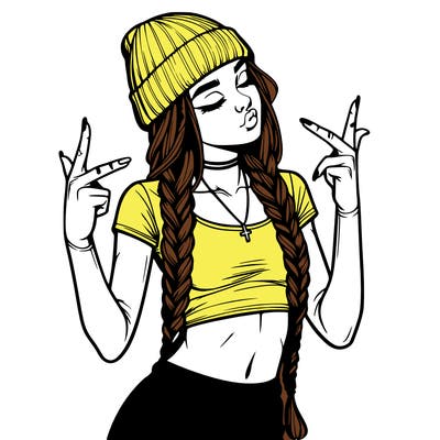 realistic teenage girl with braids and a beanie and crop top doing 🫶🏼
