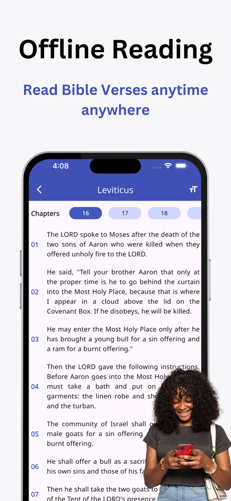 A woman using the Good News Bible app for offline reading on her smartphone