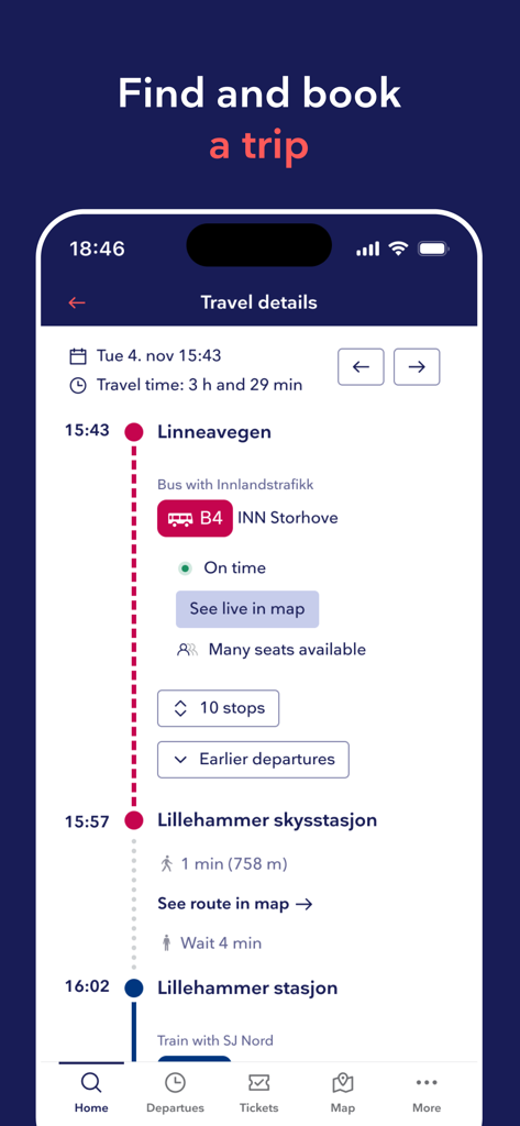 A detailed travel itinerary in Norway showing bus routes and walking times on the Entur app