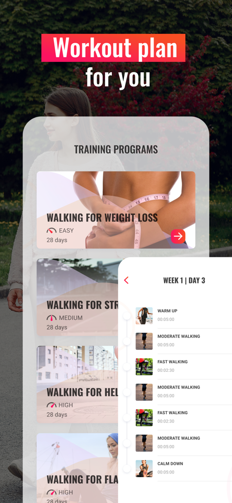 Interface of a walking app showing personalized workout plans for weight loss and mental health.