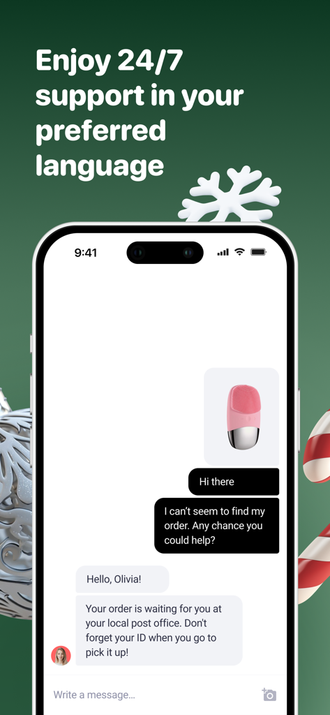 Interfaz de la aplicación Joom que muestra un chat de atención al cliente 24/7 donde un usuario pregunta por la ubicación de un pedido.
