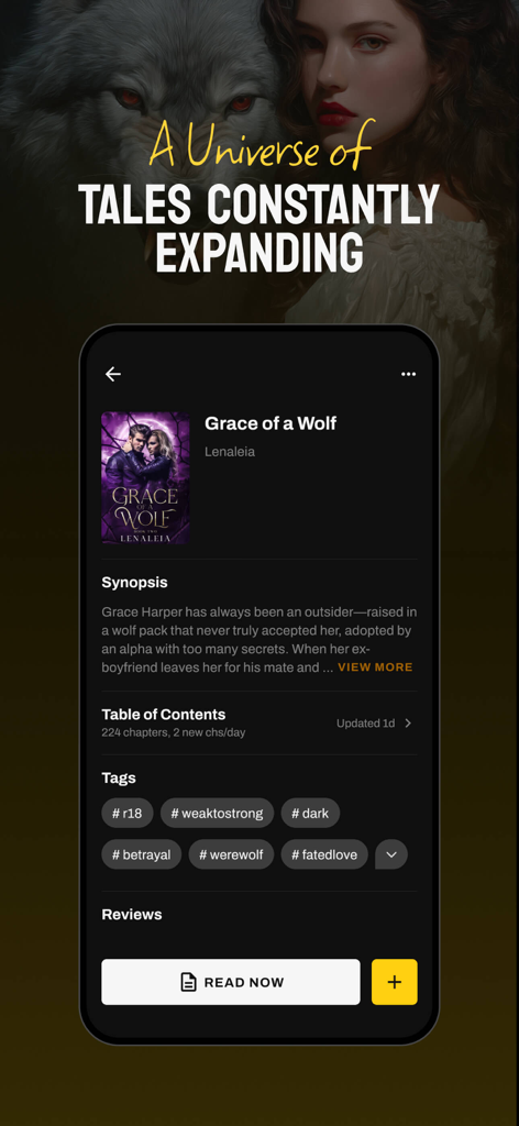 NovaBeats-AudioBooks&Series - NovaBeats app showing a werewolf romance novel detail page titled Grace of a Wolf