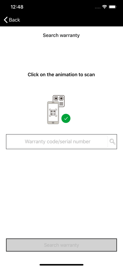 ZWA - Zenith Watches - Zenith ZWAアプリの画面。コードスキャンまたはシリアル番号入力による時計保証の検索。
