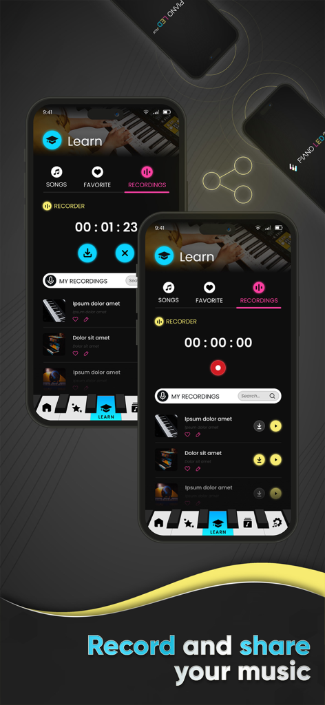 Mobile app interface showing the recording and sharing feature for piano performances