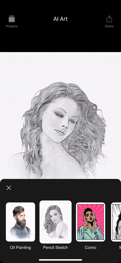 Perfect Pic—Face & Body Editor - Función de arte con IA en la aplicación Perfect Pic que muestra un filtro de boceto a lápiz aplicado a un retrato de mujer.