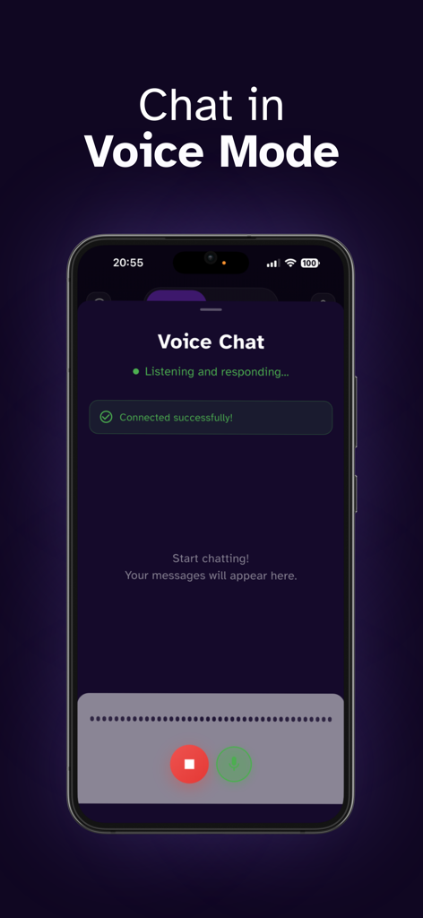 DeepAI: AI Chat, Image & Video - Interface of the DeepAI app showing the real-time voice chat mode with a listening status indicator.
