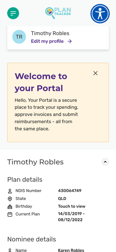 The user profile screen of the Plan Tracker Portal app displaying NDIS plan details and account information.