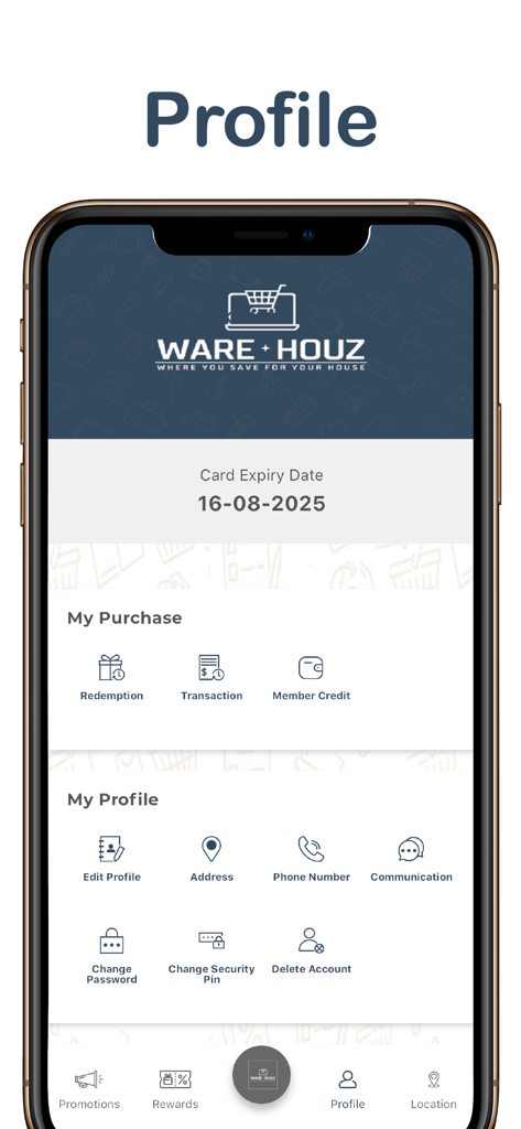 Profile screen of the Warehouz Membership app showing account management and purchase history options