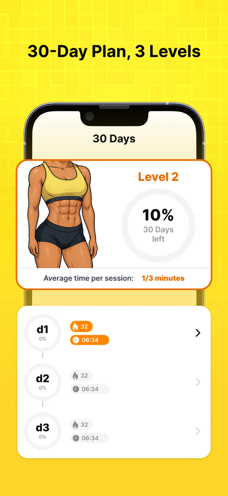 30 day Fitness Coach at home - Mobile app screen showing a 30-day workout plan for abdominal muscles with progress tracking and daily exercise statistics