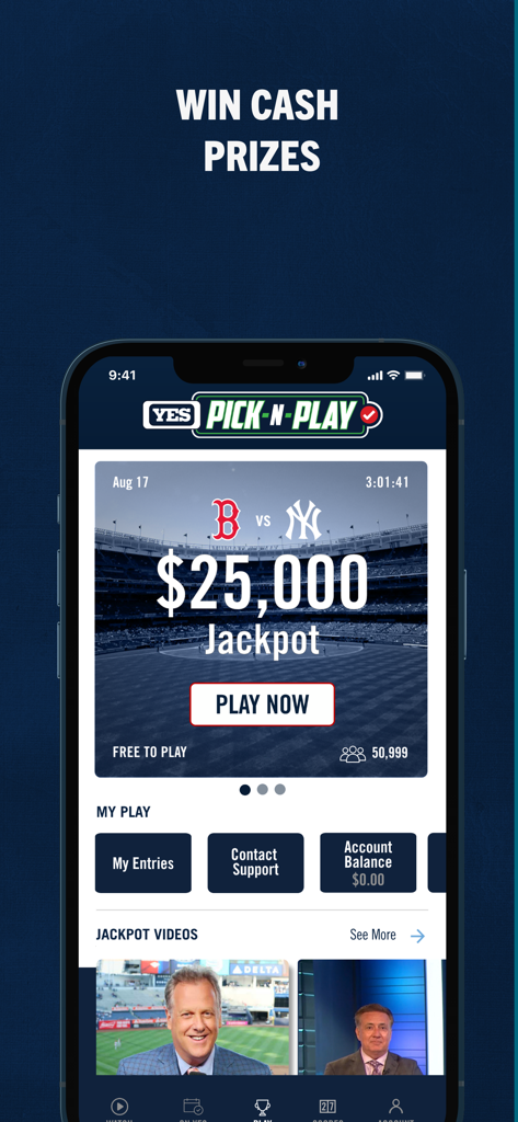 YES Network - YES Network app Pick-N-Play predictor game screen featuring a cash prize jackpot for a Yankees game