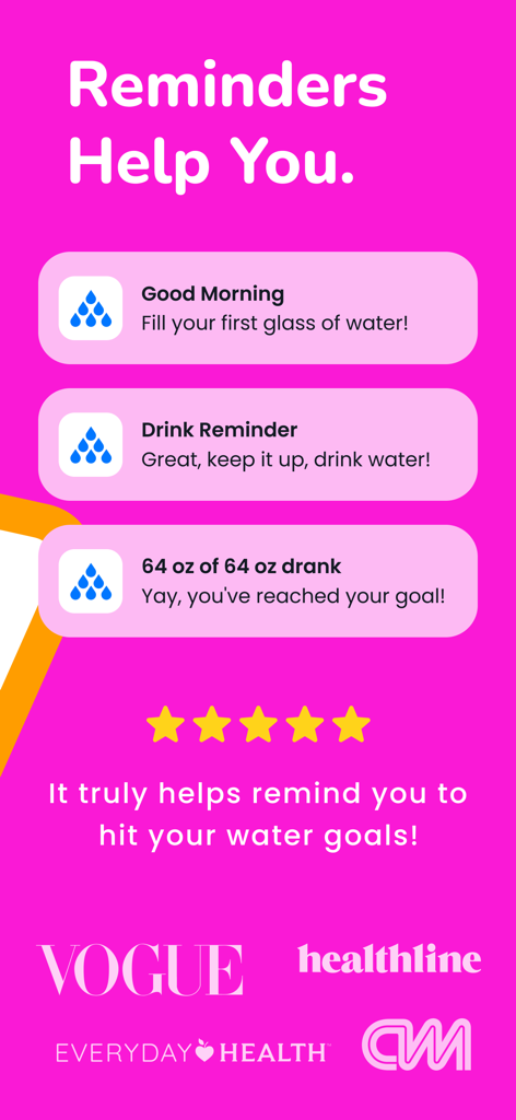 Drink Tracker by Hydro Coach - Hydro Coach app screen showing water drink reminders and press mentions from Vogue and CNN