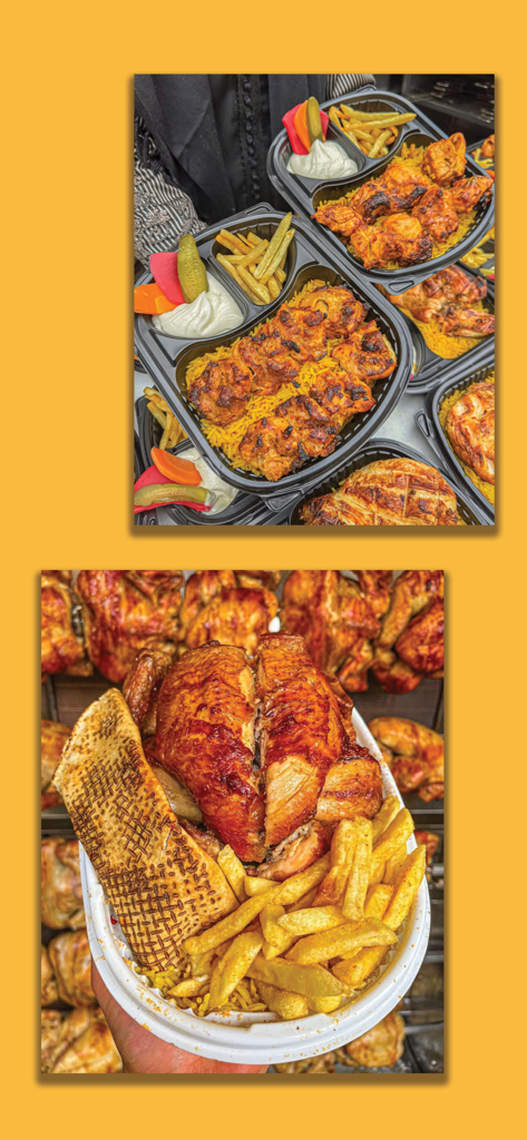 Plats authentiques de poulet grillé syrien avec riz jaune, frites et sauce à l'ail