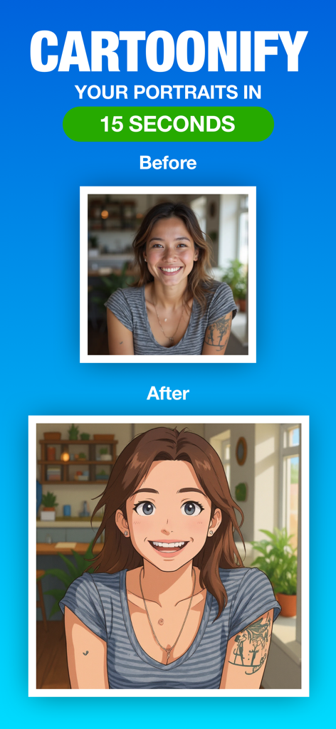Before and after comparison of a portrait transformed into a cartoon using AI
