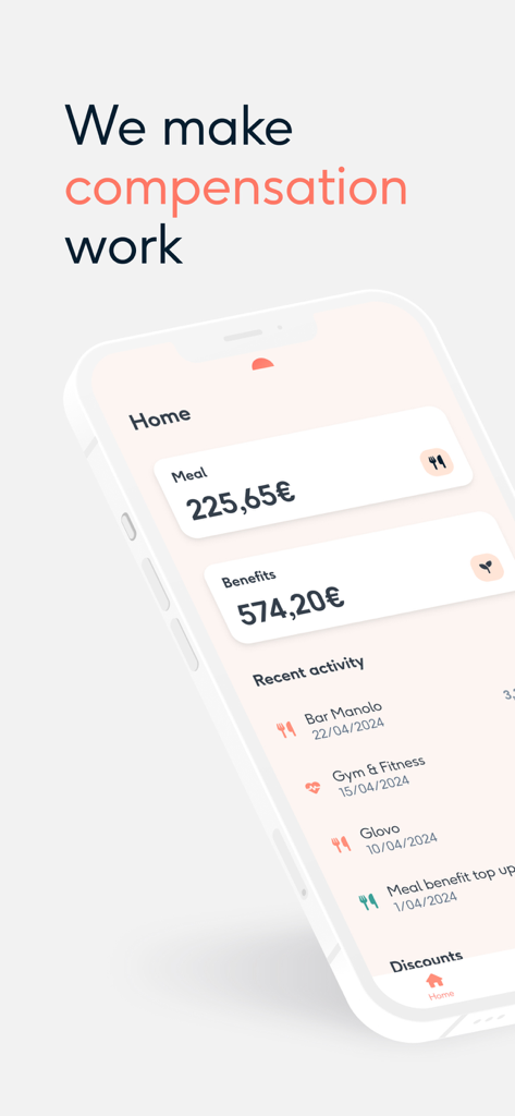 Coverflex - Coverflex app home screen displaying meal and benefit balances and recent transaction activity