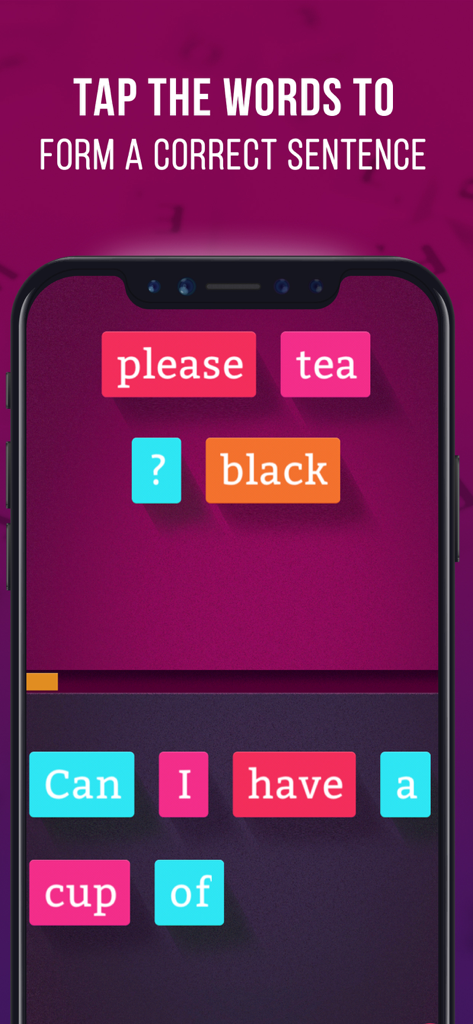 English Sentence Builder Game - Gameplay screen of English Sentence Builder showing colorful word blocks used to form a correct sentence