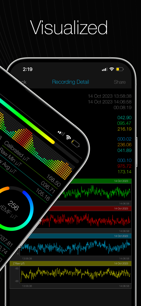 La aplicación Detector de CEM TeslaVision muestra grabaciones y gráficos de datos de campo electromagnético visualizados