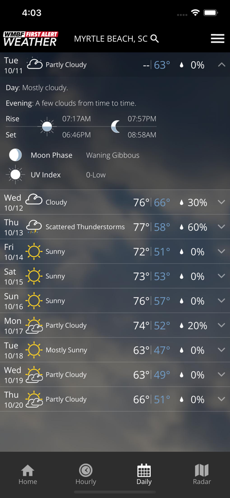 WMBF First Alert Weather - WMBF First Alert Weather app screen showing the 10 day daily forecast for Myrtle Beach South Carolina.