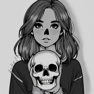 realistic girl holding a skull