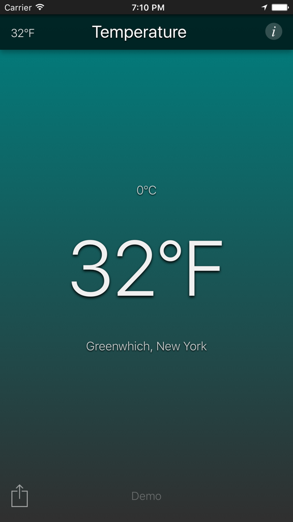 Temperature App - Local temperature app interface showing 32 degrees Fahrenheit in Greenwich New York