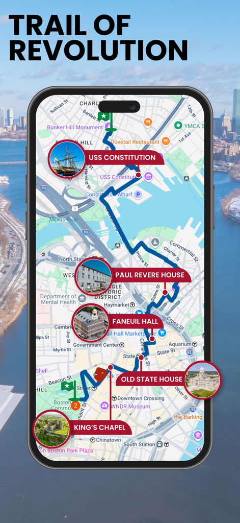 Freedom Trail Boston Guide - Mobile app screen showing a historical walking tour map of the Boston Freedom Trail with landmark markers