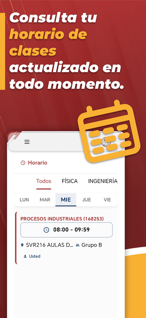 Mi Campus UP - Capture d'écran de l'interface d'horaire des cours dans l'application Mi Campus UP montrant un cours le mercredi pour les Procédés Industriels.