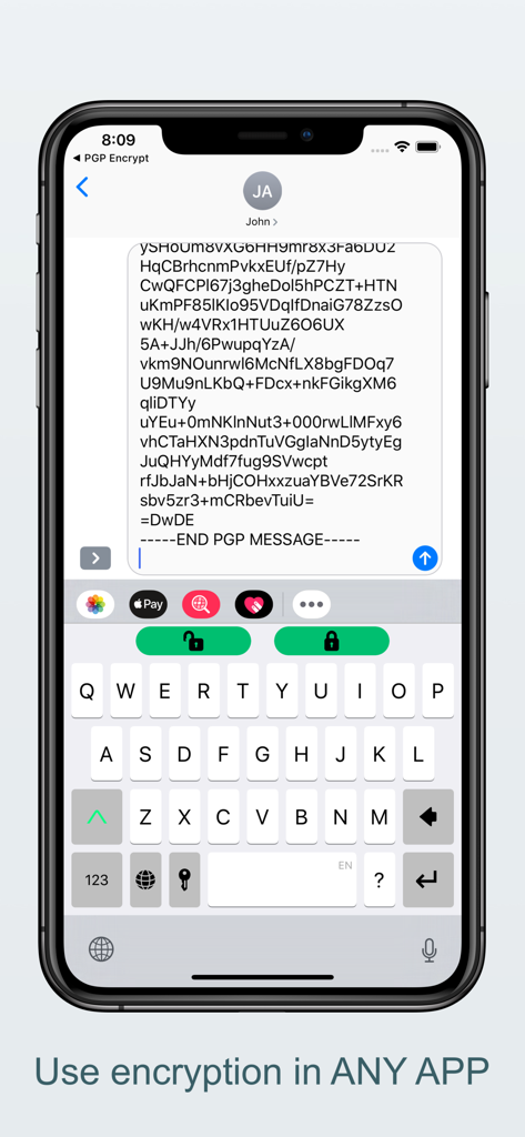 PGP Everywhere - A screenshot showing a PGP encrypted message in a mobile chat and the PGP Everywhere keyboard extension with lock icons for encryption and decryption.