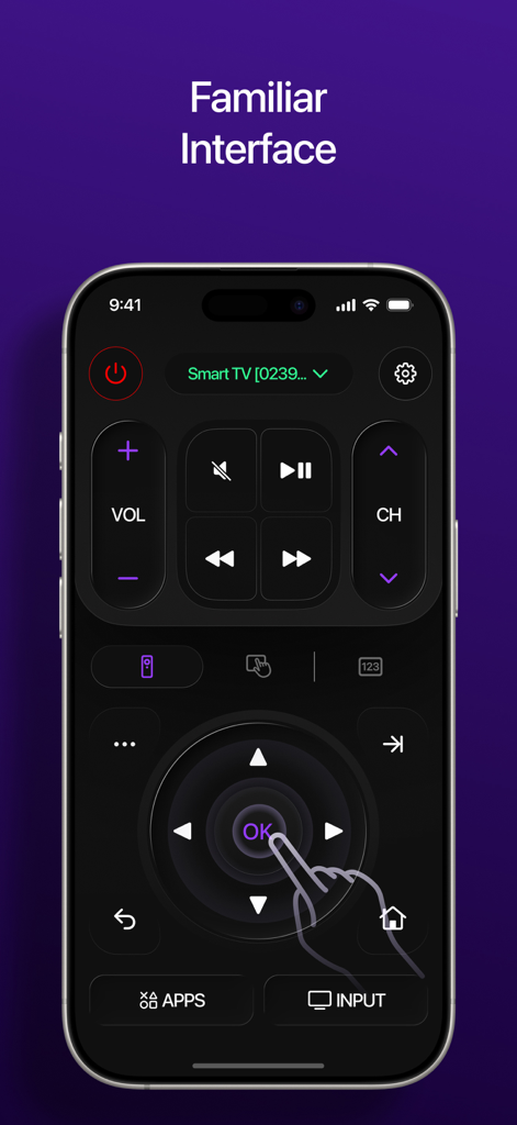 Universal TV・Remote Control・ - A smartphone screen displaying a familiar digital TV remote interface with navigation and volume controls