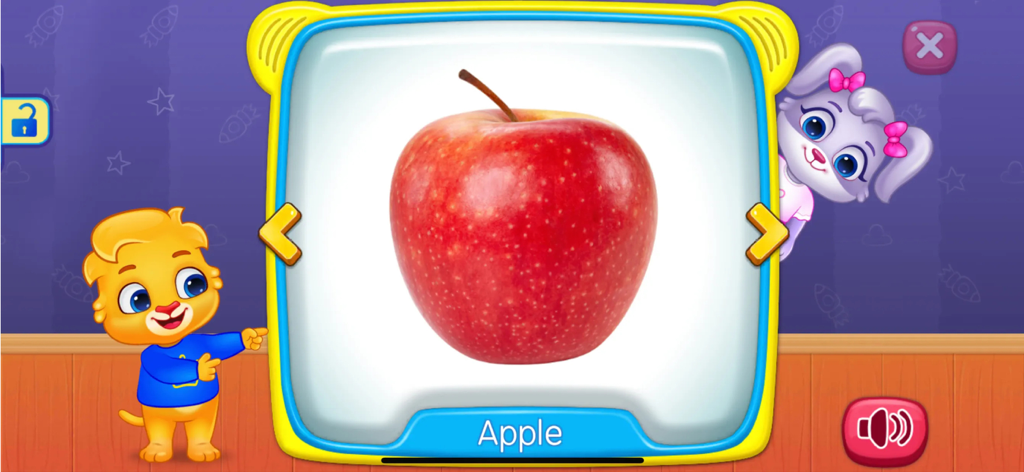 Baby Games: Piano, Baby Phone - Educational screen from Baby Games showing a red apple with a cartoon lion pointing at it